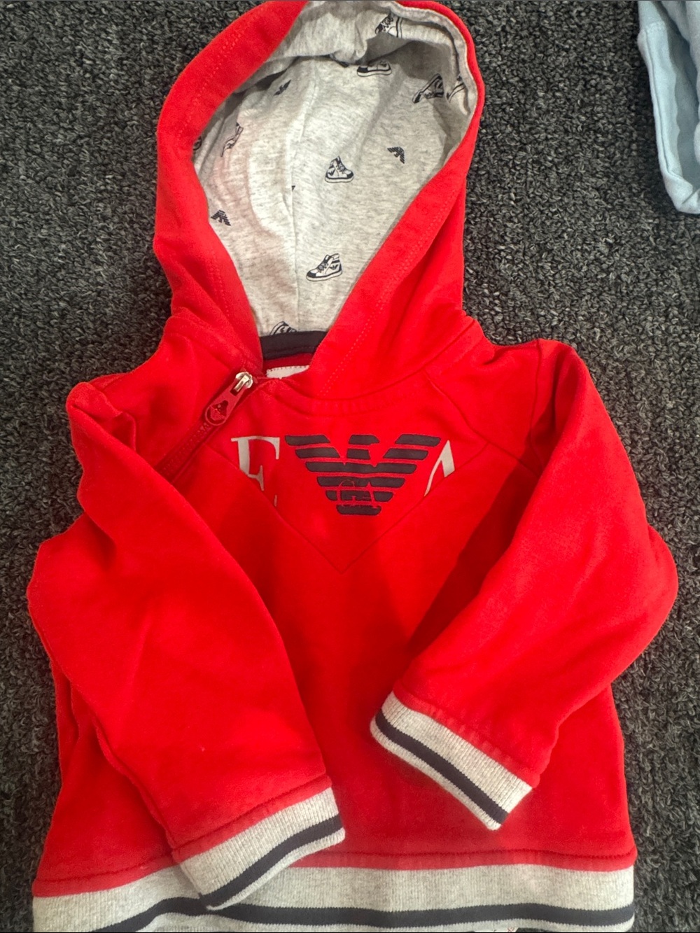 Armani Junior Red Hooded Sweatshirt with Grey Lined Hood